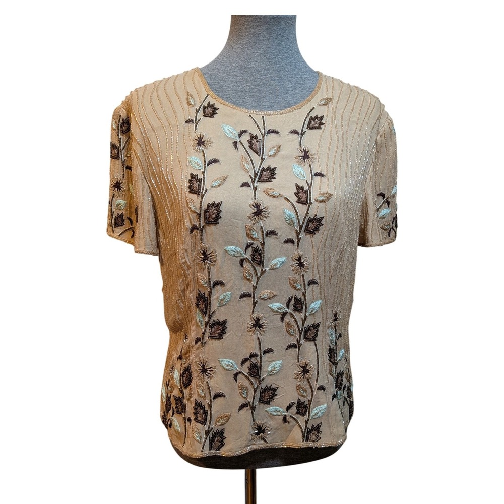 Vintage Adrianna Papell Cottagecore Old Money 14 BeigeBrown Beads Silk FloralTop - Picture 2 of 10